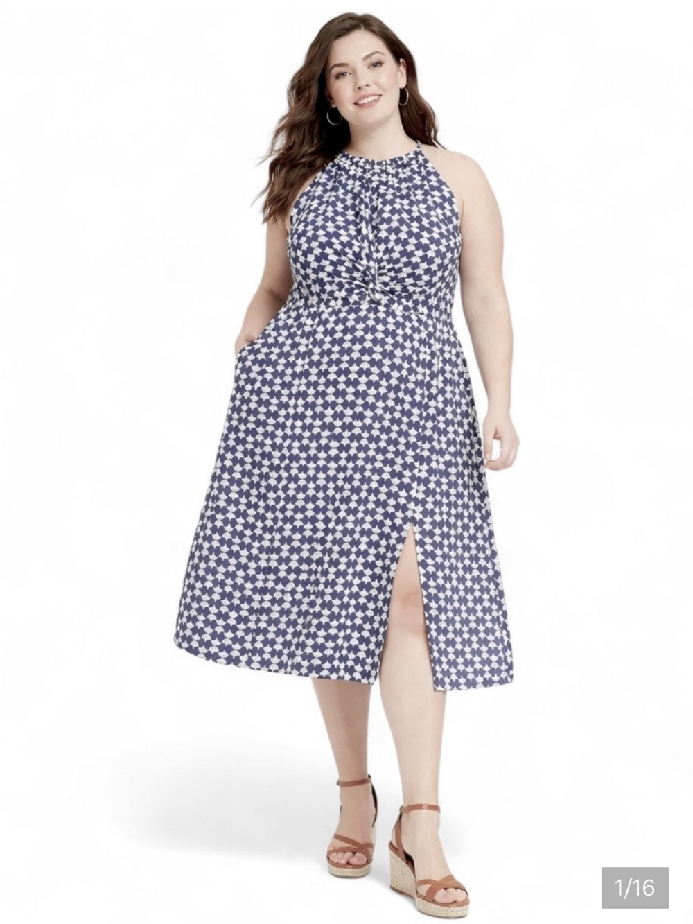 Ava & Viv Navy and Cream Geometric Halter Midi Dress